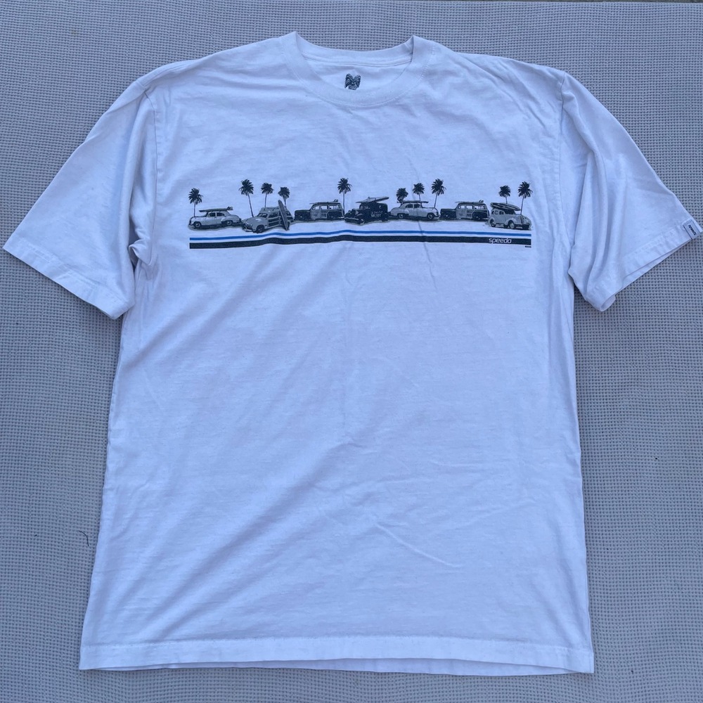 Speedo White Y2K Surf Car Graphic T-Shirt Cotton Men's XL